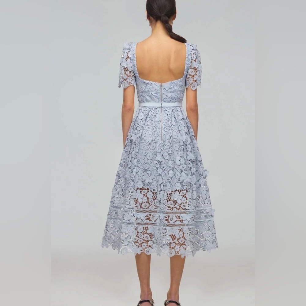 EUC Self-Portrait Powder Blue Guipure Lace Midi Dress Size 10 - Picture 3 of 5